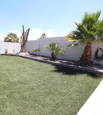 Artificial turf lawn and desert plants in a stylish Las Vegas backyard with minimalist design.